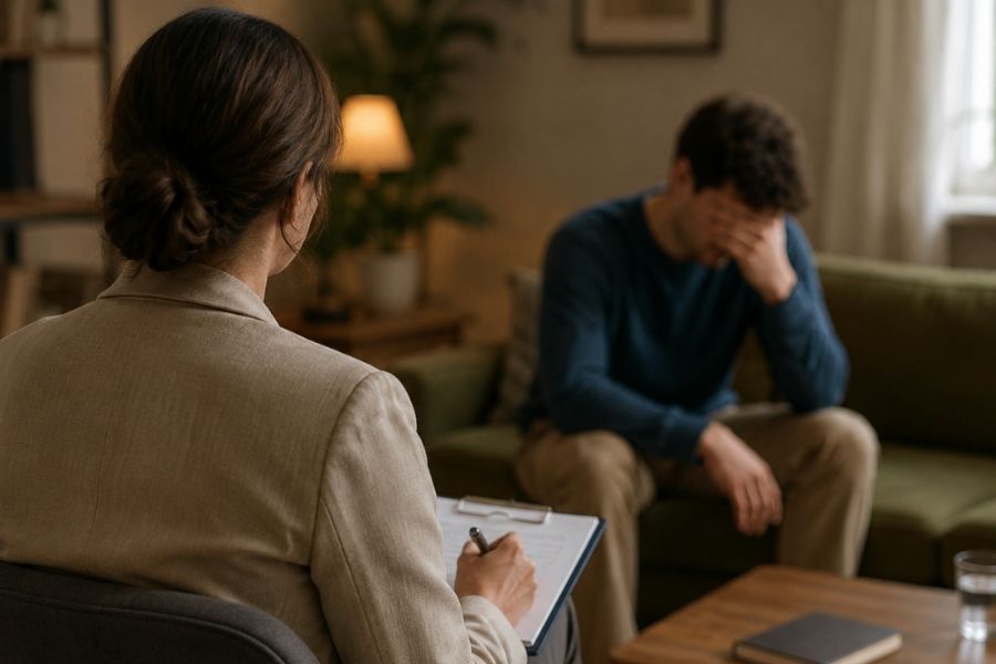 a man in cognitive behavioral therapy CBT expresses emotion.