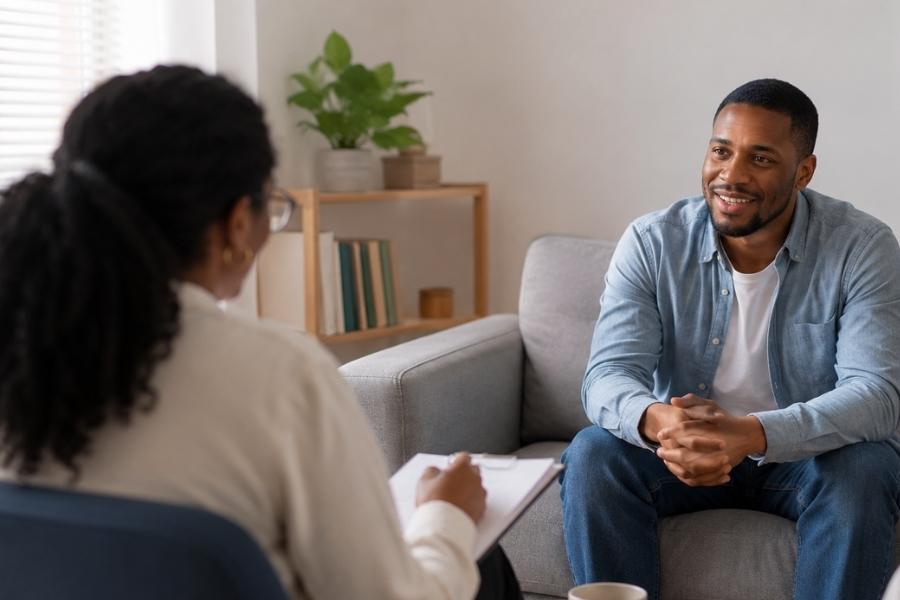 a man sits on a couch encouraged during a motivational interviewing section.