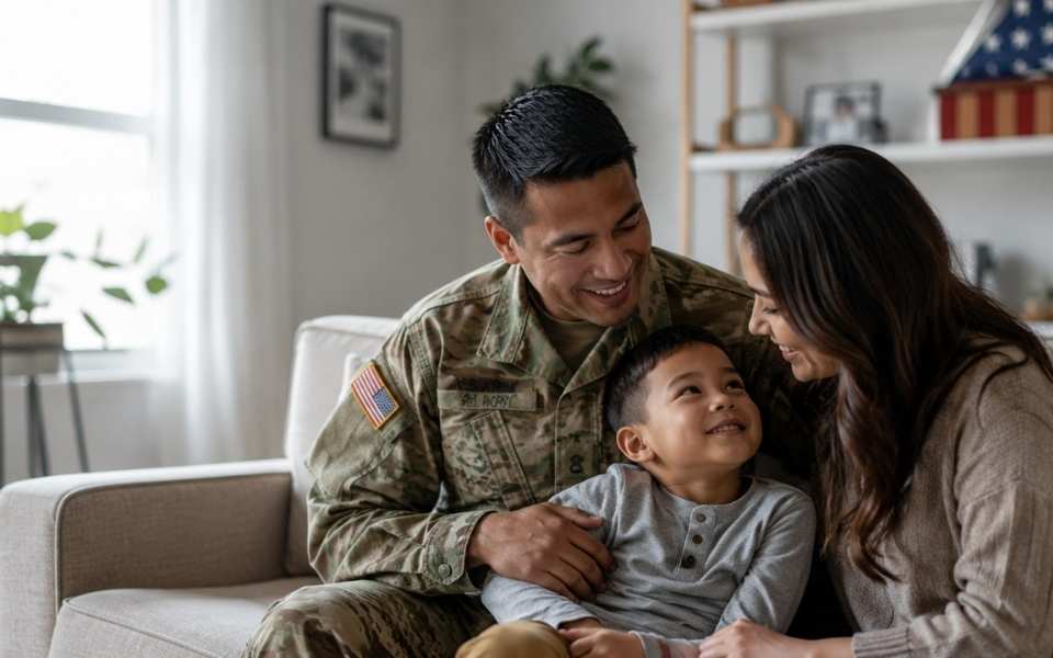 a military veteran smiles on the couch next to his family, enjoying the flexibility of outpatient veterans treatment for addiction.