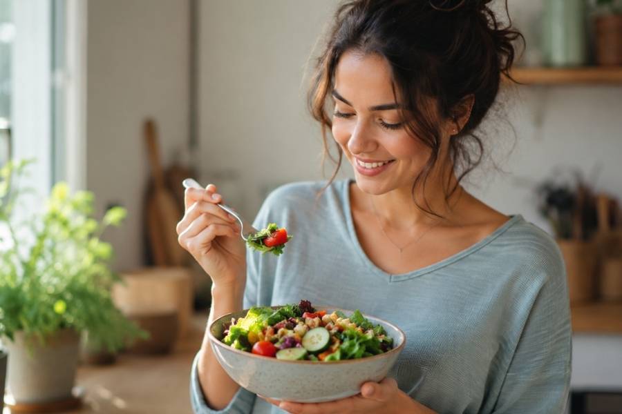 a woman eats a healthy meal as she recovers from addiction.