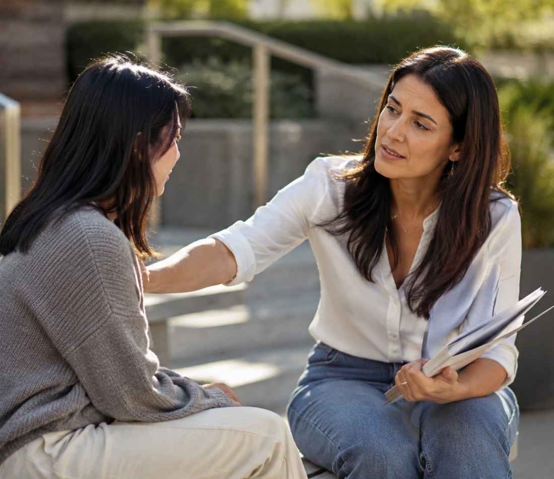 a woman gets support during motivational interviewing for her substance abuse.