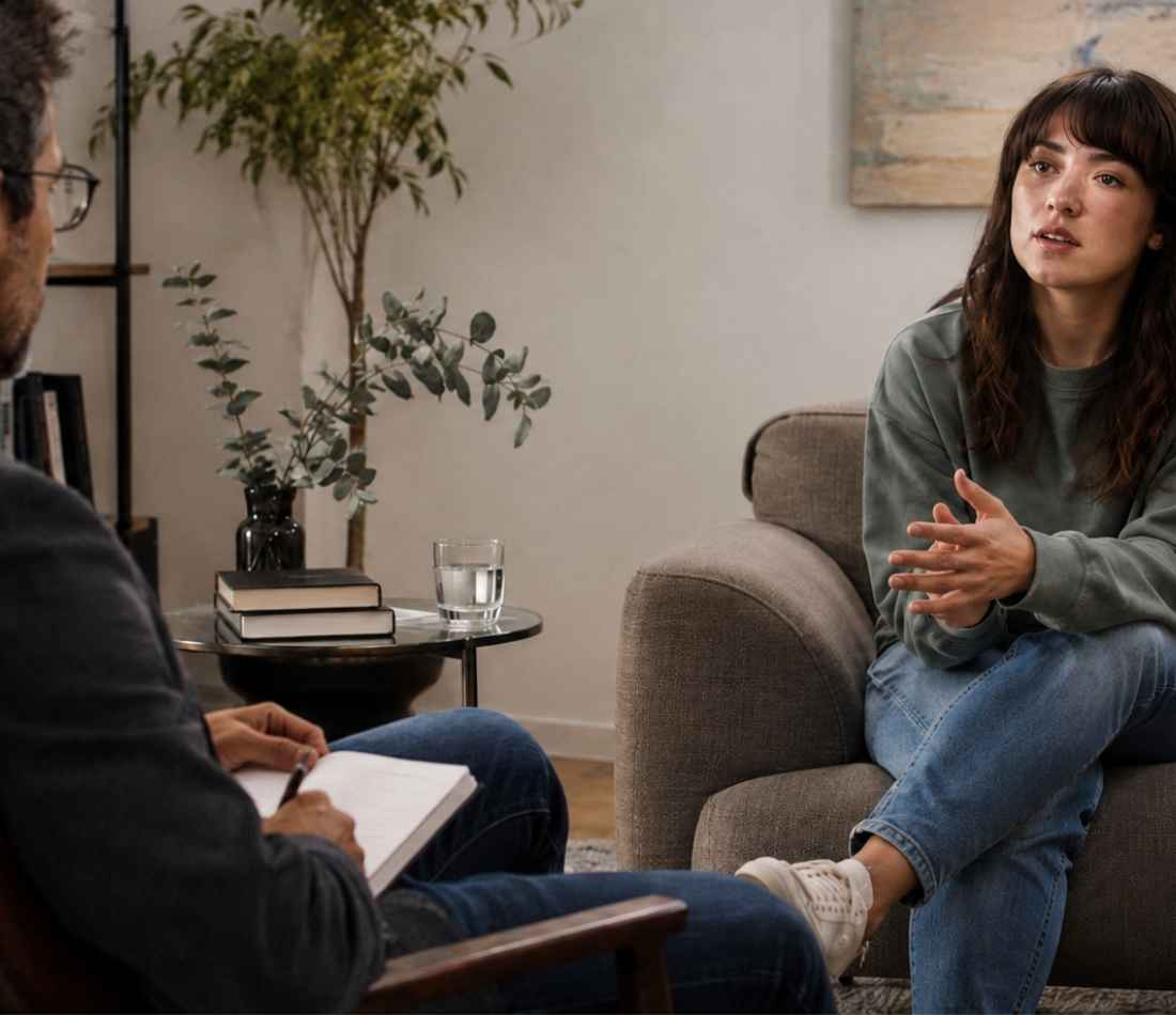 a woman has an indvidual therapy sessions where she shares what is causing her to continue her addiction.