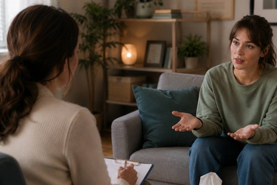 a woman in cognitive behavioral therapy explains what she's feeling.