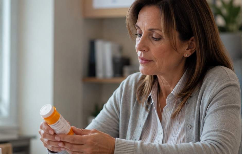a woman looks at her prescription she is taking during medication-assisted treatment for addiction.