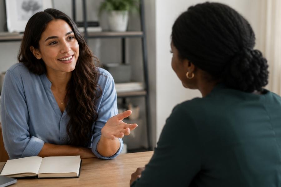 a woman talks with her therapist during one-on-one work in individual therapy.