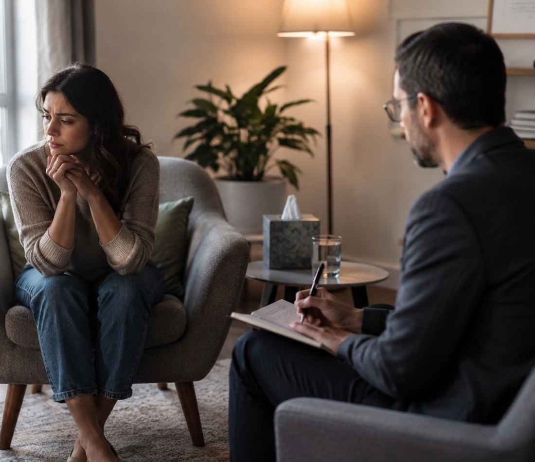 a woman undergoes dialectical behavioral therapy.
