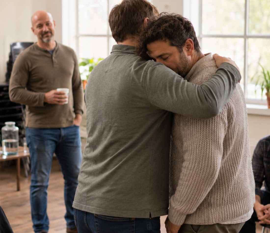 men experience an emotional moment while in group therapy.