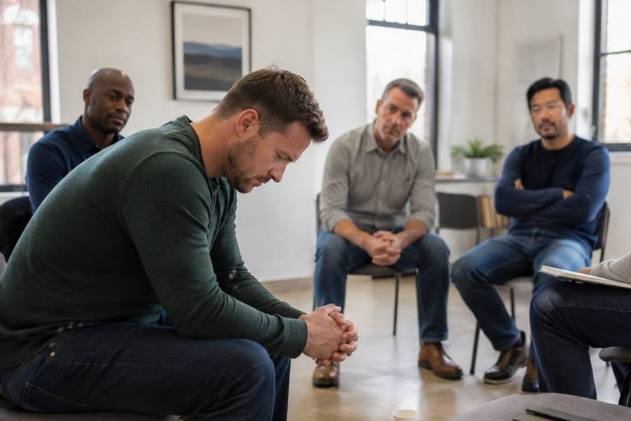 men experience therapy together in groups