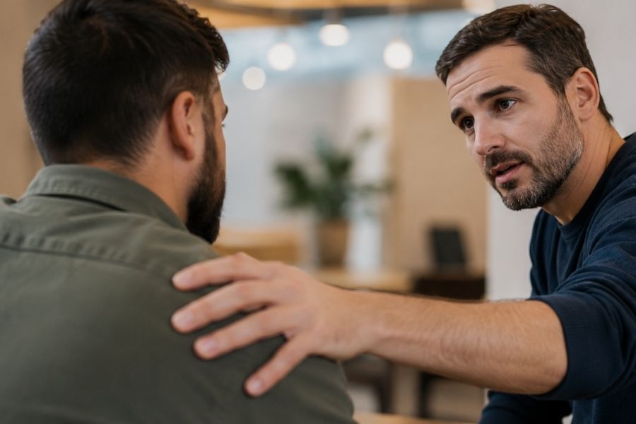 one man supports his friend in men's group therapy.