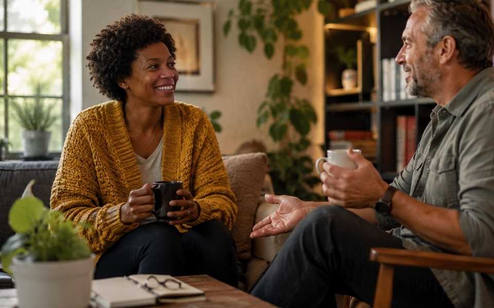 two people drinking coffee experiencing the benefits of sober living while in recovery.