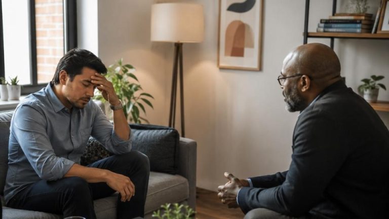Do I Need an IOP hero image of a man holding his head in therapy.