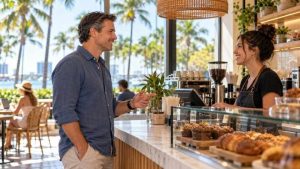 Man ordering iced coffee, since caffeine is one of the stimulant drugs many adults use every day.
